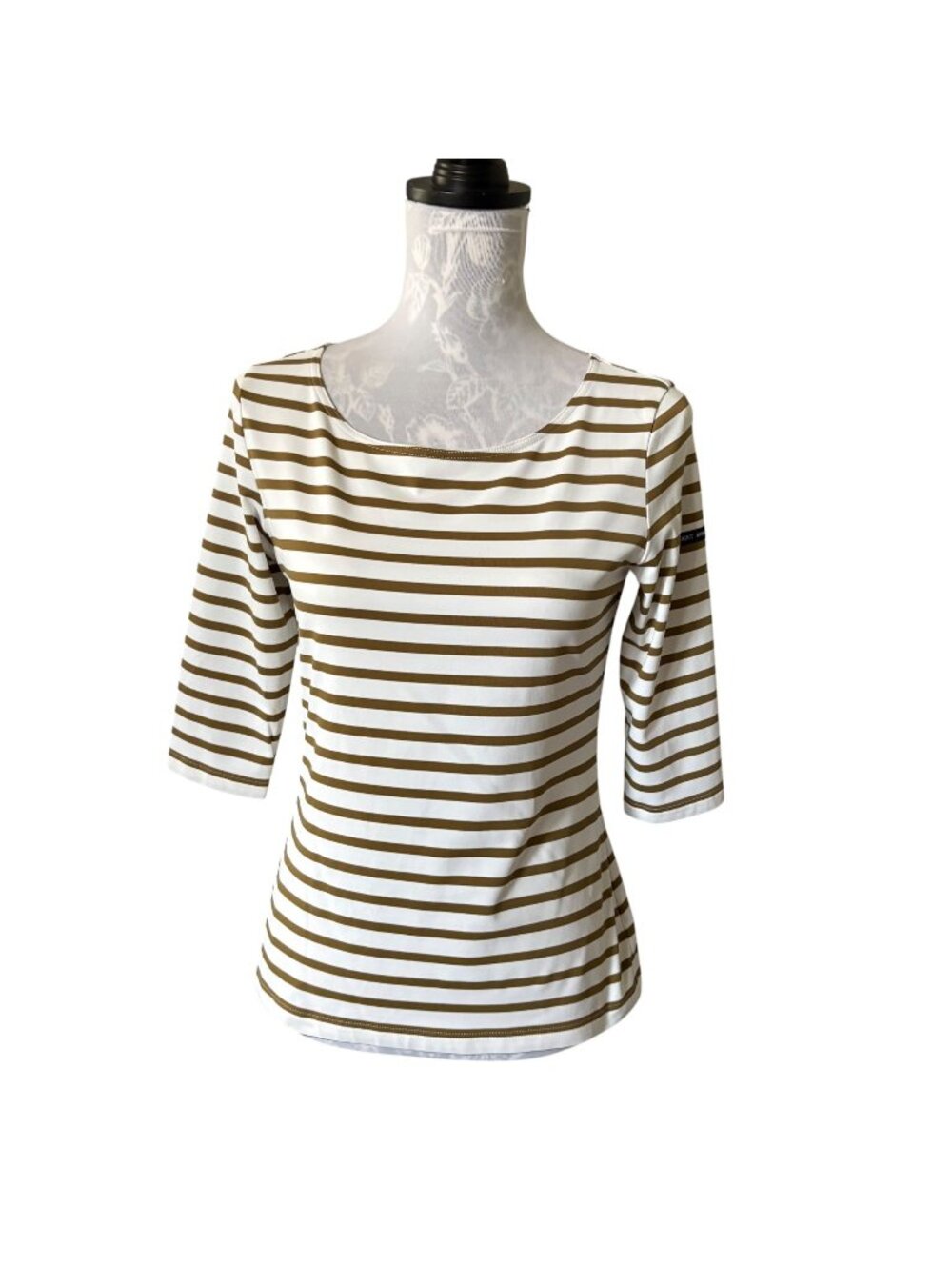 St James Womens Coast Guard Striped Nautical Top Olive Green White Sz 8